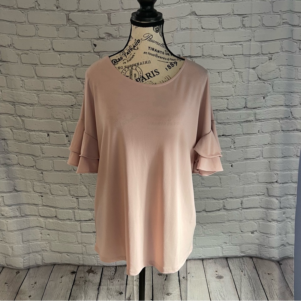 INC Women's NWT Crew Neck Ruffle Tiered Short Sleeve Dusty Mauve Blouse L